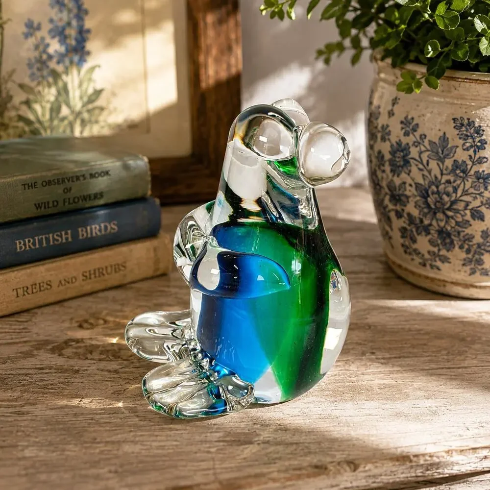 Vintage Art Glass Mouse? Koala? Figurine Paperweight Blue Green Cased Clear